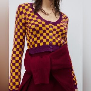 Zara Cropped Checkered Cardigan Sweater Orange & Purple Wool Women’s Size Medium